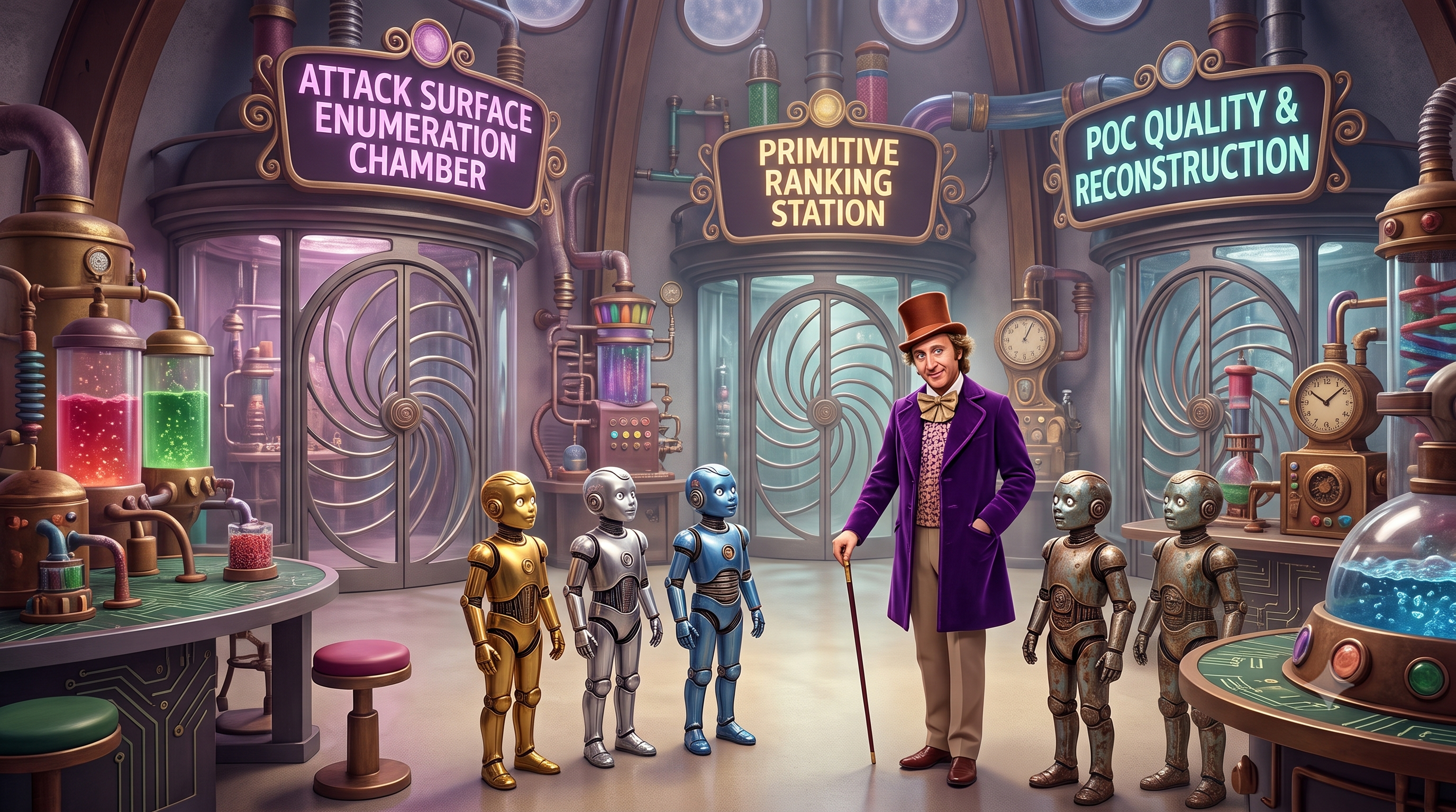 willy wonky in his candy factory with ai robotic children ready to compete in various challenges