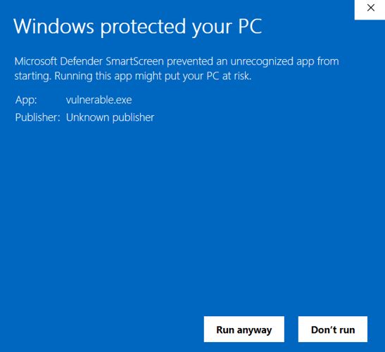 SmartScreen dialog on vulnerable.exe