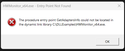 Entry Point Not Found. HWMonitor wants GetAdaptersInfo, and my DLL doesn't export it.