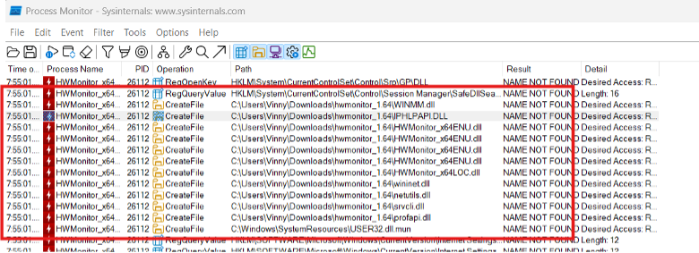 Filtering for NAME NOT FOUND on DLL paths.