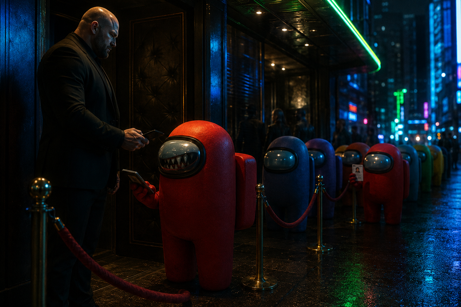 Bouncer choosing the first Among Us crew member (the imposter) in line, with other Among Us crew behind it.